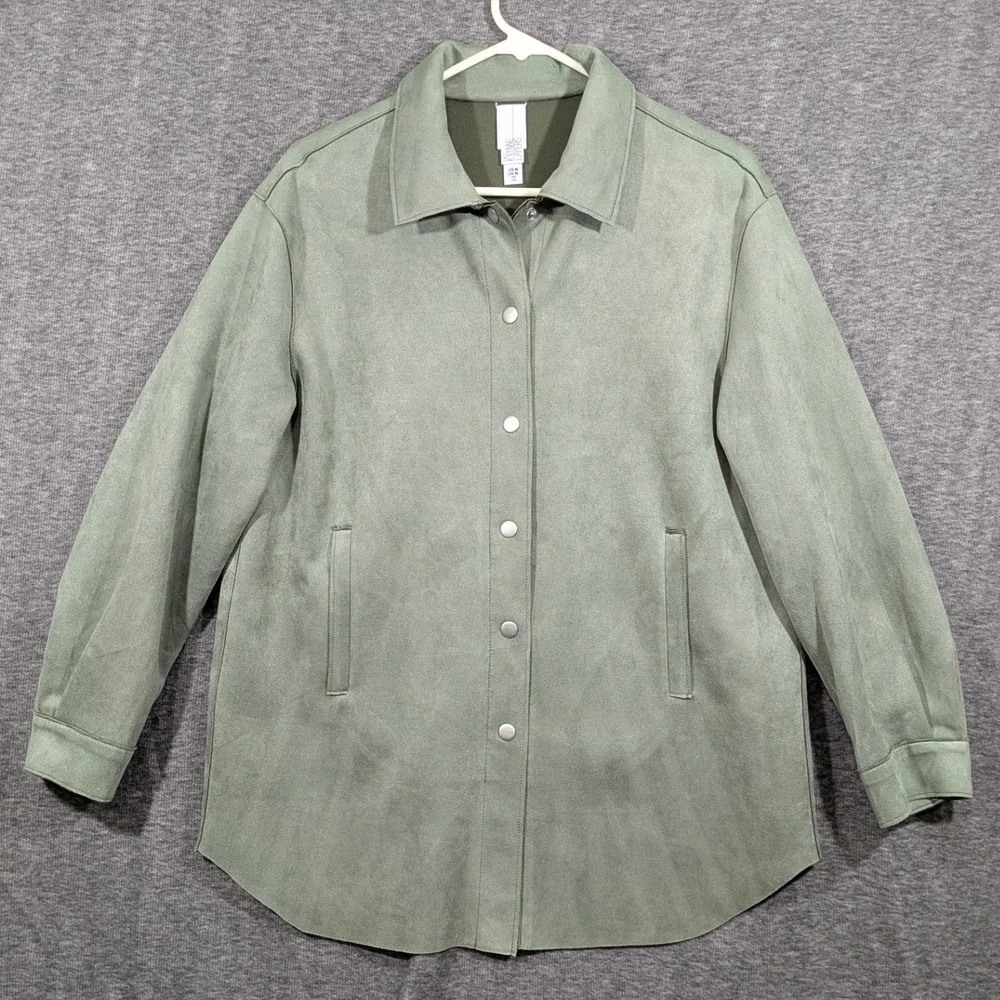 Marla Wynne Layers Womens Top Long Sleeve Full Snap Green Faux Suede Size M